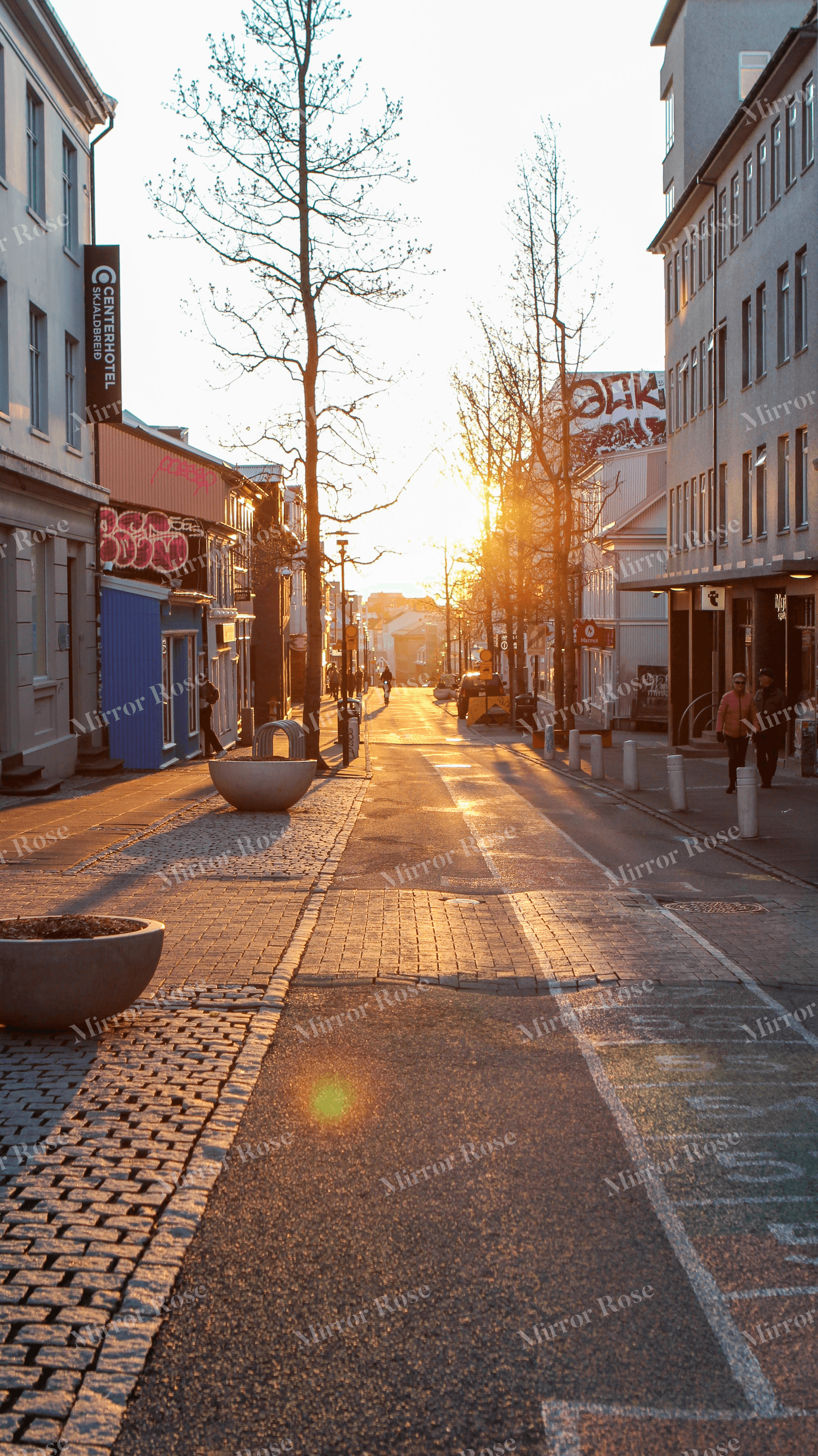 charming nordic street at sunset